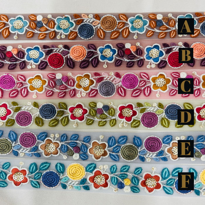 【50cm単位】 刺繡リボン 細幅 くすみカラーに夢中 乙女心をくすぐる キャンディフラワー チュール 幅約3cm 2212310012