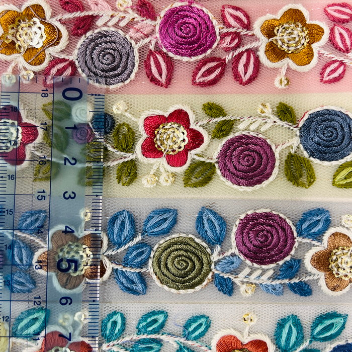 【50cm単位】 刺繡リボン 細幅 くすみカラーに夢中 乙女心をくすぐる キャンディフラワー チュール 幅約3cm 2212310012