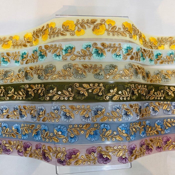 【50cm単位】 刺繍リボン 可愛さ 選手権3連覇!細幅 つぼみ風 インド刺繡リボン チュール 幅約2.5cm 230404003