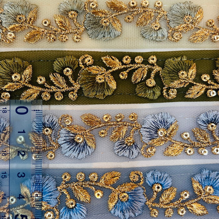 【50cm単位】 刺繍リボン 可愛さ 選手権3連覇!細幅 つぼみ風 インド刺繡リボン チュール 幅約2.5cm 230404003