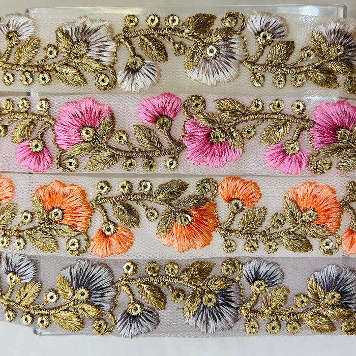 【50cm単位】 刺繍リボン 可愛さ 選手権3連覇!細幅 つぼみ風 インド刺繡リボン チュール 幅約2.5cm 230404003
