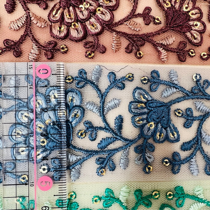 【50cm単位】 刺繍リボン シックでエレガント 同色糸で紡ぐ花柄華やか刺繡リボン2 チュール 幅約5cm 230404005