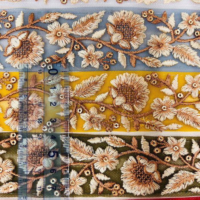 【50cm単位】 刺繍リボン クラシカルに挑戦 茶系で織りなす 品のある花柄 インド刺繡リボン チュール 幅約3.7cm 230404007