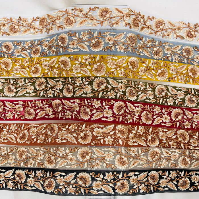 【50cm単位】 刺繍リボン クラシカルに挑戦 茶系で織りなす 品のある花柄 インド刺繡リボン チュール 幅約3.7cm 230404007