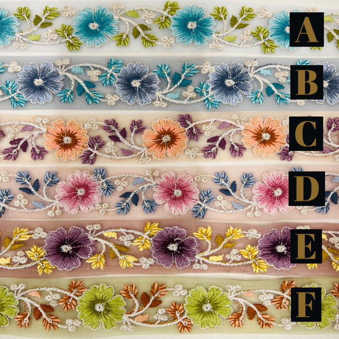 【50cm単位】 刺繍リボン 瑞々しい色彩!カラフルなお花畑花柄刺繡リボン チュール 幅約3.4cm 230404021