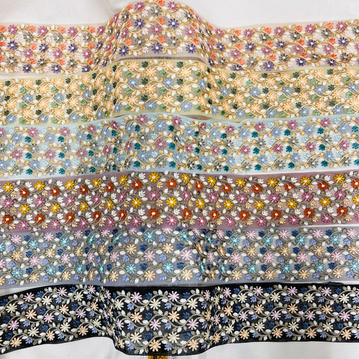 【50cm単位】 刺繍リボン ノンスパンコール 大人気!太幅!ニュアンスカラー 小花柄の絨毯のよう チュール 幅約7.5cm 23040626001