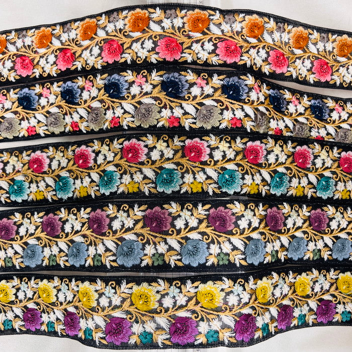 【50cm単位】 刺繍リボン ノンスパンコール 真夜中の約束 咲き乱れる花たち チュール 幅約5cm 23040626002