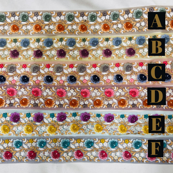 【50cm単位】 刺繍リボン ノンスパンコール 夜明けの約束 咲き乱れる花たち チュール 幅約5cm 23040626003