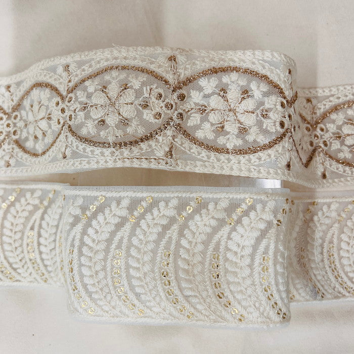 【50cm単位】 刺繍リボン ホワイトの世界 幻想的なデザイン 植物の楽園 チュール 幅約6.2cm~約6.4cm 23040626006