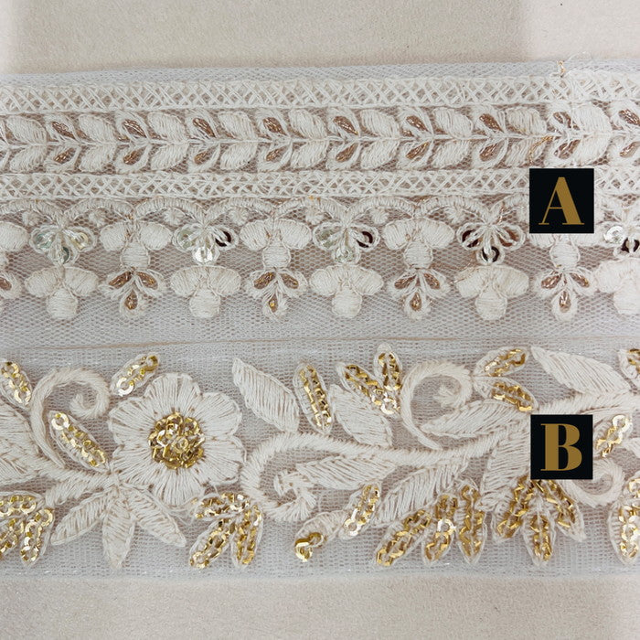 【50cm単位】 刺繍リボン キラキラ輝がポイント スパンコールの魔法 ホワイト チュール 幅約3.7cm~約4.6cm 23040626008