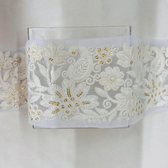 【50cm単位】 刺繍リボン 太幅 白のマジック あなたの夢の中の花 大きく咲かせましょう チュール 幅約8.9cm 23040626012