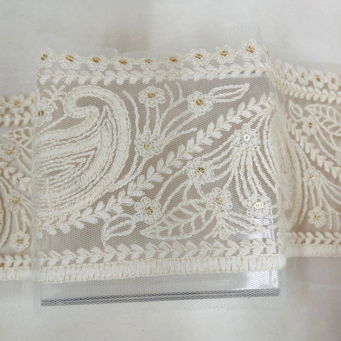 【50cm単位】 刺繍リボン 太幅 ナチュラル生成り シンプルエレガント ペイズリー柄 チュール 幅約10cm 23040626013