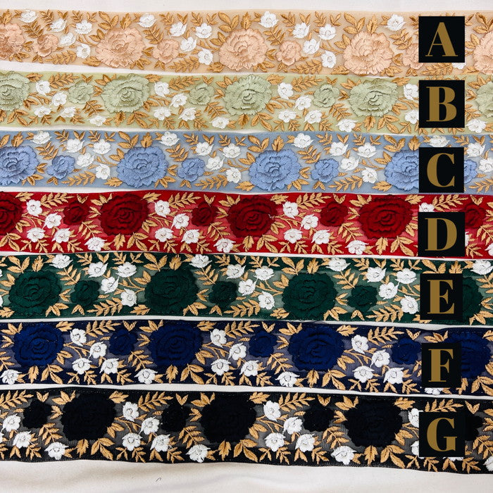 【50cm単位】 刺繍リボン ノンスパンコール 情熱の薔薇 女王の佇まい チュール 幅約5.2cm 23040626023