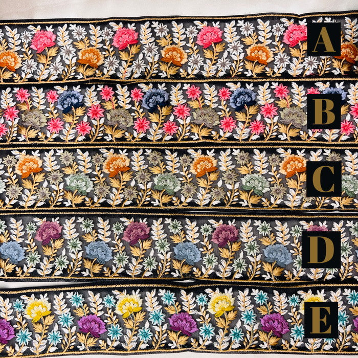 【50cm単位】 刺繍リボン ノンスパンコール 真夜中の約束 咲き乱れる花たち2 チュール 幅約7.3cm 23040626029