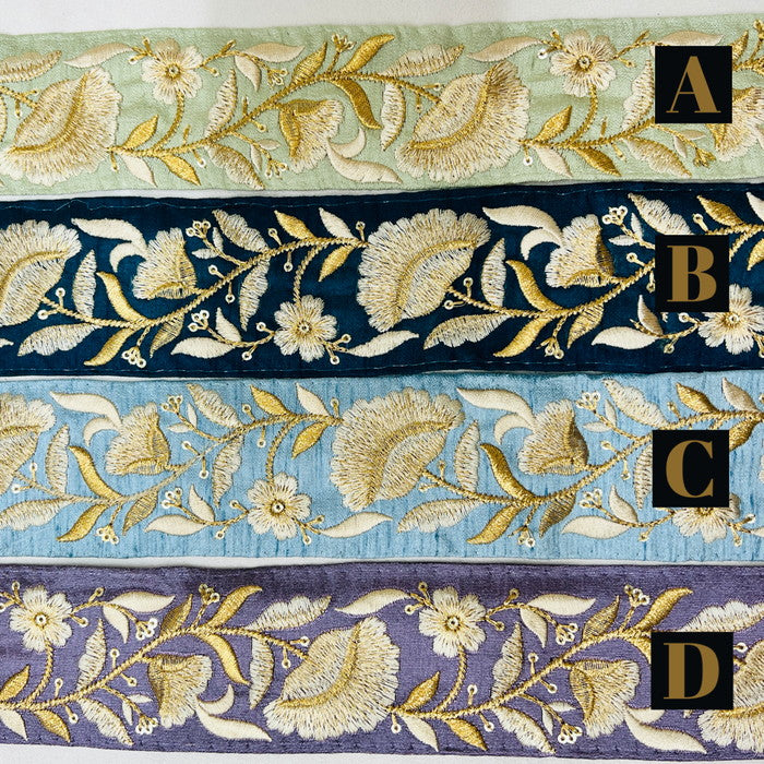 【50cm単位】 刺繍リボン 豪華絢爛 眩い輝き ゴールドの魔法 魅惑の花柄 布地 幅約5cm 230508003