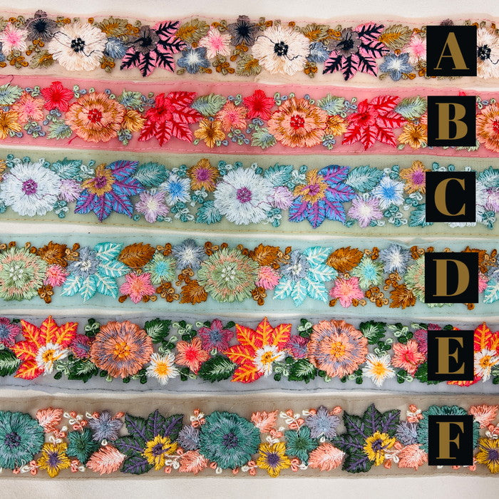 【50cm単位】 刺繍リボン ノンスパンコール ニュアンスカラーが今どき リボンいっぱいの花柄 チュール 幅約4.4cm 230508010