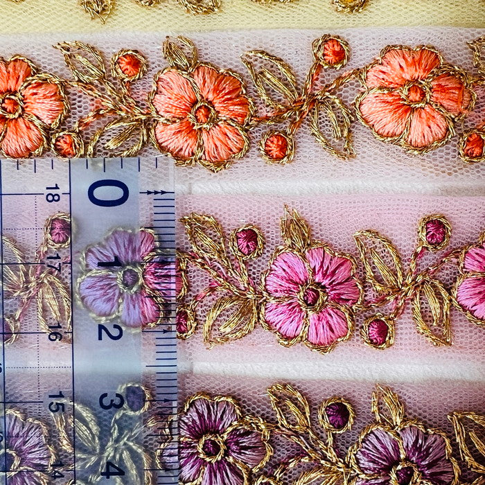 【50cm単位】 刺繍リボン 細幅 ノンスパンコール 待望の再販 ビビットなカラーが 印象的な花柄 チュール 幅約2.4cm 230508014