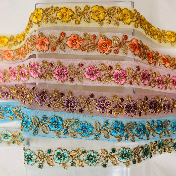 【50cm単位】 刺繍リボン 細幅 ノンスパンコール 待望の再販 ビビットなカラーが 印象的な花柄 チュール 幅約2.4cm 230508014