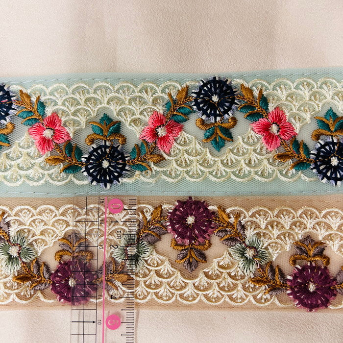 【50cm単位】 刺繍リボン 人魚の落とし物 波間に浮かぶ 人魚の花柄髪飾り インド刺繡リボン チュール 幅約4.5cm 230529005