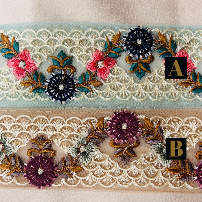 【50cm単位】 刺繍リボン 人魚の落とし物 波間に浮かぶ 人魚の花柄髪飾り インド刺繡リボン チュール 幅約4.5cm 230529005
