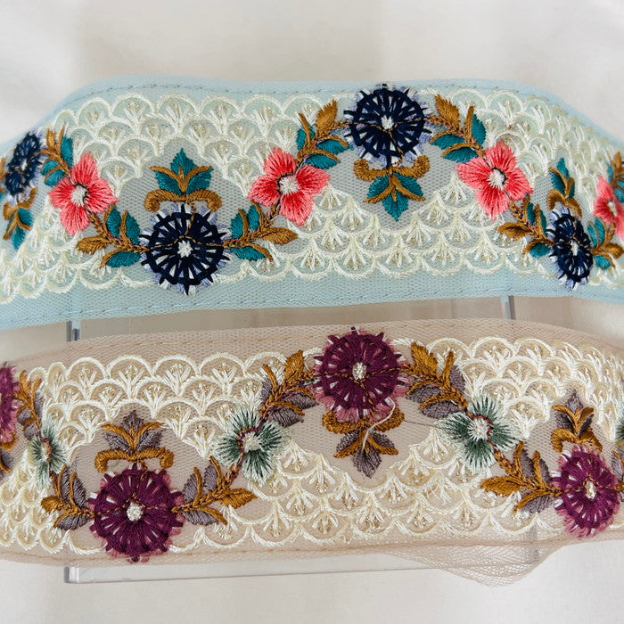【50cm単位】 刺繍リボン 人魚の落とし物 波間に浮かぶ 人魚の花柄髪飾り インド刺繡リボン チュール 幅約4.5cm 230529005
