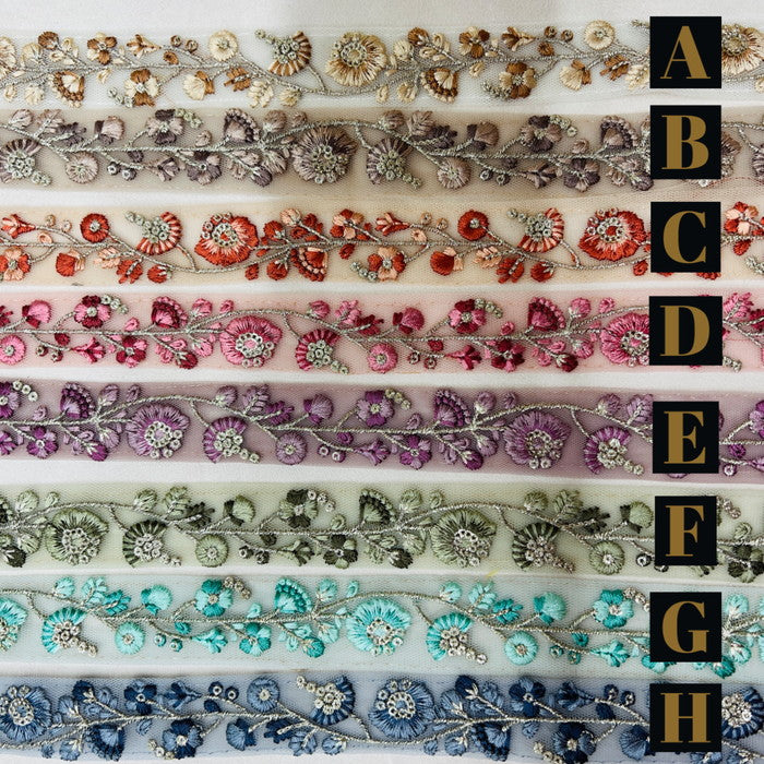 【50cm単位】 刺繍リボン 店頭でも大人気 同系色の花柄 洗練された美しさ 細幅 インド刺繡リボン チュール 幅約2.7cm 230529006