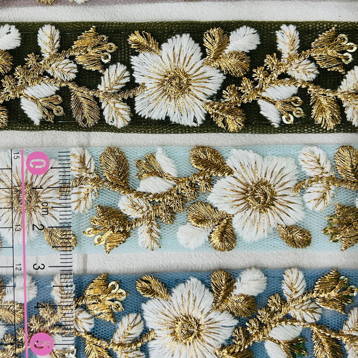 【50cm単位】 刺繍リボン 細幅 ゴールドが煌めく 天の川に浮かぶ お星様の花のように チュール 幅約2.7cm 230610002