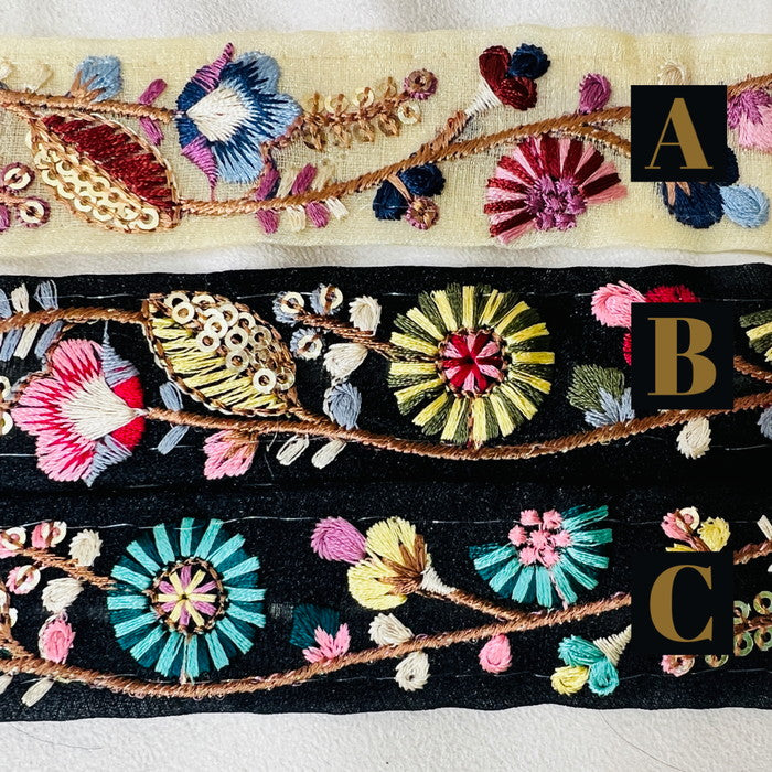 【50cm単位】 刺繍リボン 細幅 カラフル&ポップ 見ているだけで幸せ 絵本の中の可愛い花柄 オーガンジー風 幅約2.7cm 230610006