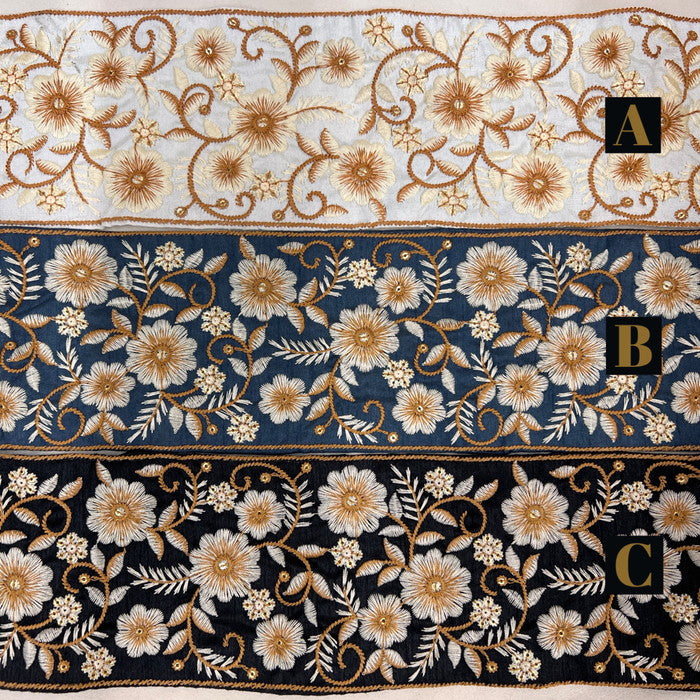 【50cm単位】 刺繍リボン 運命を変える 受け継がれた伝統の唐草の花柄 生地 スパンコール 幅約10cm 230722002