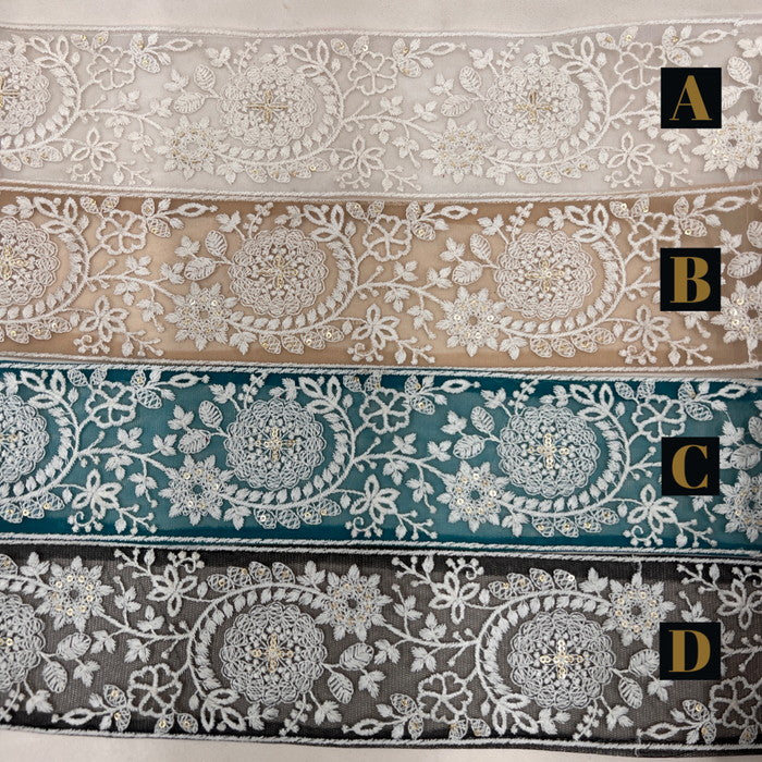 【50cm単位】 刺繍リボン 太幅 スパンコール 弾けながら広がる お花の流れ星 チュール 幅約8.2cm 230722003