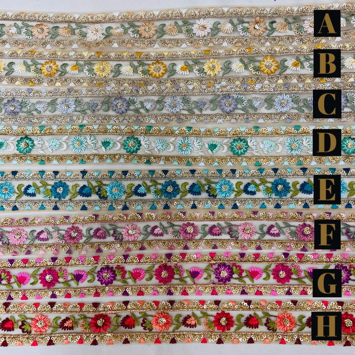 【50cm単位】 刺繍リボン 一年の時を超えて 心がトキメク美しさ 宝石のような花柄 刺繍リボン チュール 幅約4.4cm 230815001