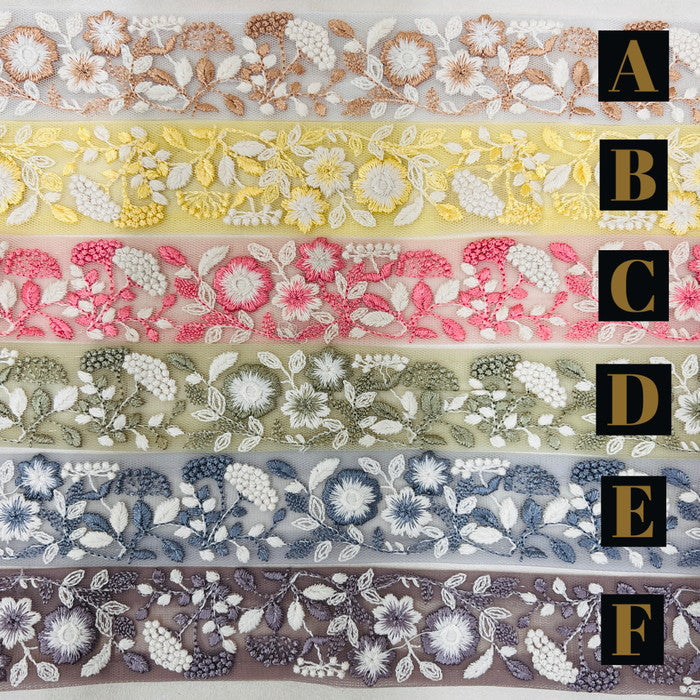 【50cm単位】 刺繍リボン ノンスパンコール 同系色の糸で紡ぐ花柄 溢れ出す美しさ 刺繍リボン チュール 幅約3.8cm 230815003