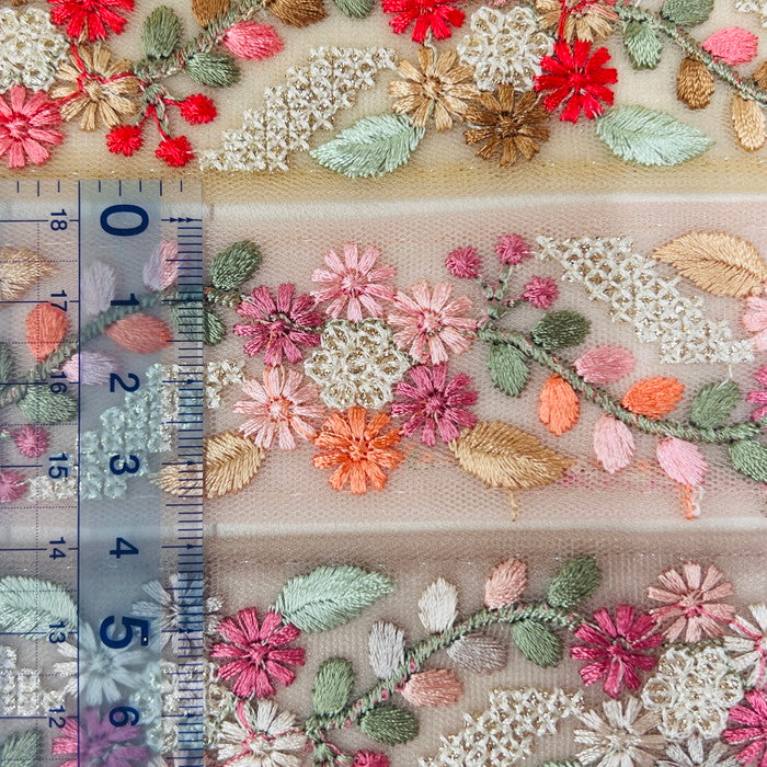 【50cm単位】 刺繍リボン 美しいブーケ 可憐に咲いた コスモスの花束 チュール 幅約3.7cm 230929004