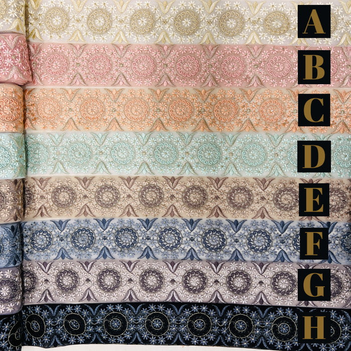 【50cm単位】 刺繍リボン 同系色の刺繡 小花柄のサークル チュール 幅約7.5cm 231003002