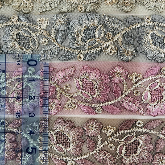 【50cm単位】 刺繍リボン 細幅 待望の再入荷 同系色刺繍のゴージャスな花 チュール 幅約3cm 230930007