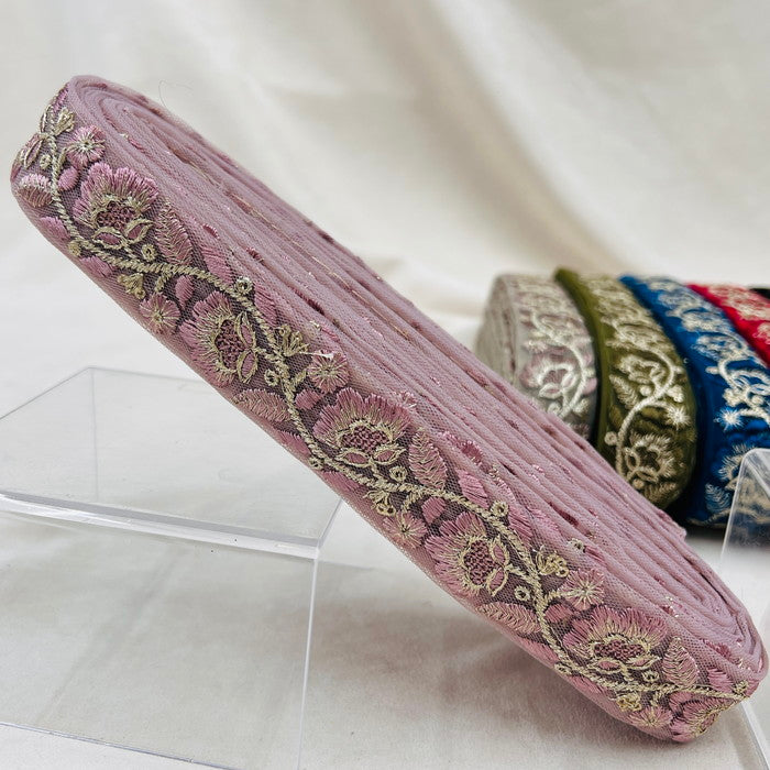 【50cm単位】 刺繍リボン 細幅 待望の再入荷 同系色刺繍のゴージャスな花 チュール 幅約3cm 230930007