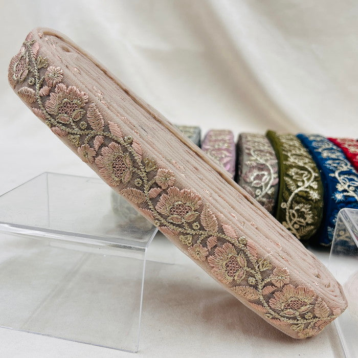 【50cm単位】 刺繍リボン 細幅 待望の再入荷 同系色刺繍のゴージャスな花 チュール 幅約3cm 230930007