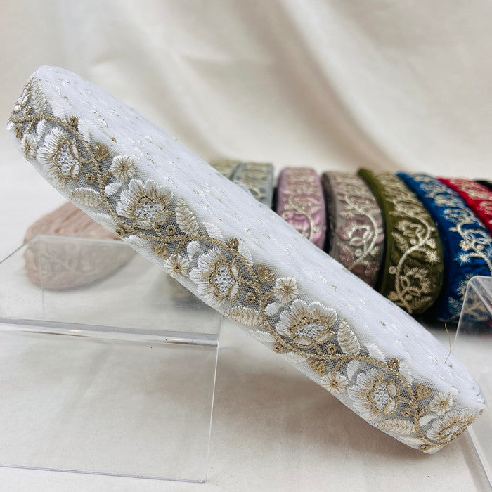【50cm単位】 刺繍リボン 細幅 待望の再入荷 同系色刺繍のゴージャスな花 チュール 幅約3cm 230930007