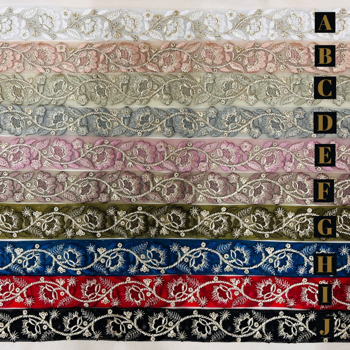 【50cm単位】 刺繍リボン 細幅 待望の再入荷 同系色刺繍のゴージャスな花 チュール 幅約3cm 230930007