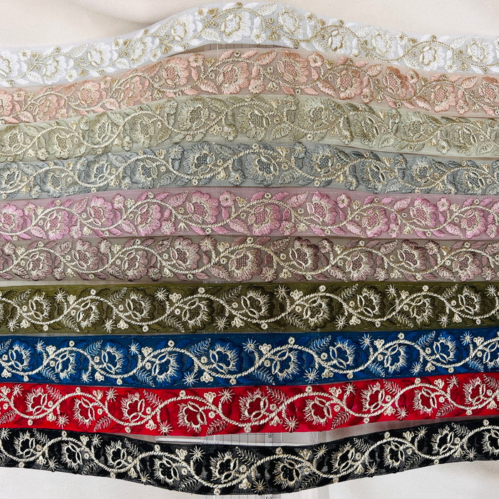 【50cm単位】 刺繍リボン 細幅 待望の再入荷 同系色刺繍のゴージャスな花 チュール 幅約3cm 230930007