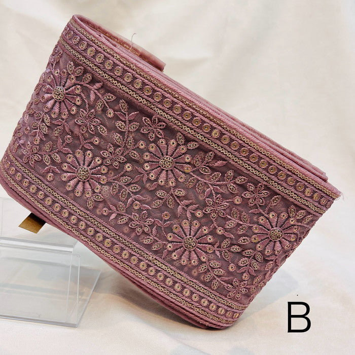 【50cm単位】 刺繍リボン 超太幅 スパンコールと 花刺繍の共演 チュール 幅約13.4cm 231204003