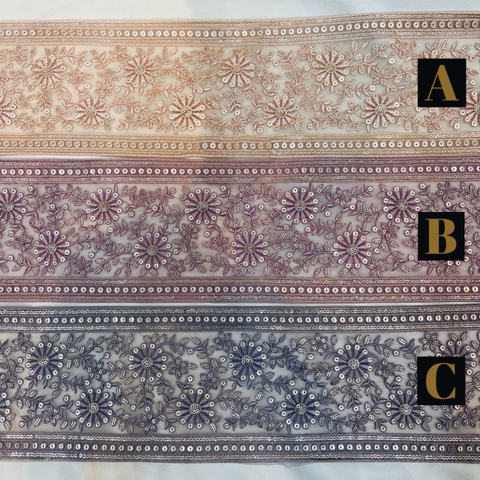 【50cm単位】 刺繍リボン 超太幅 スパンコールと 花刺繍の共演 チュール 幅約13.4cm 231204003