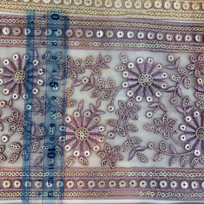 【50cm単位】 刺繍リボン 超太幅 スパンコールと 花刺繍の共演 チュール 幅約13.4cm 231204003