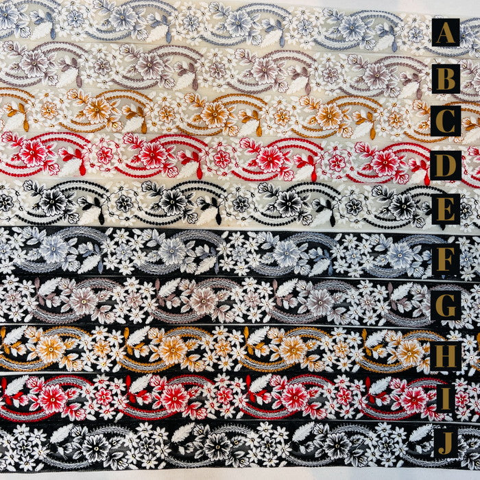 【50cm単位】 刺繍リボン チュール素材 花を背負いたい 手鞠のような花 チュール 幅3.74cm 231204004