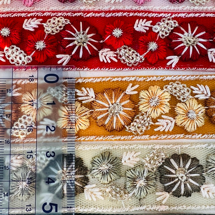 【50cm単位】 刺繍リボン 細幅 雪の結晶と 季節外れの 朝顔 チュール 幅2.5cm 231204010
