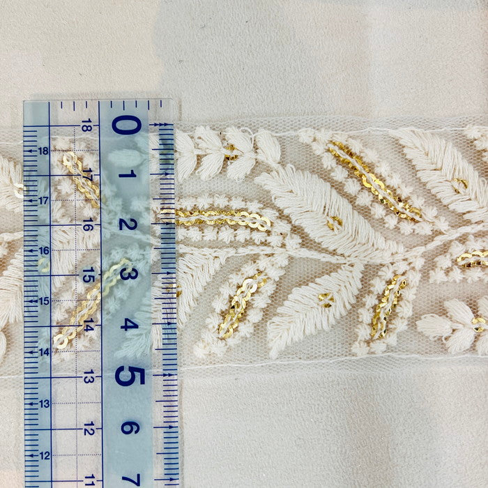 【50cm単位】 刺繍リボン ホワイトリボン 春の訪れを待つ ホワイトリーフ チュール 幅約5.1cm 240116016