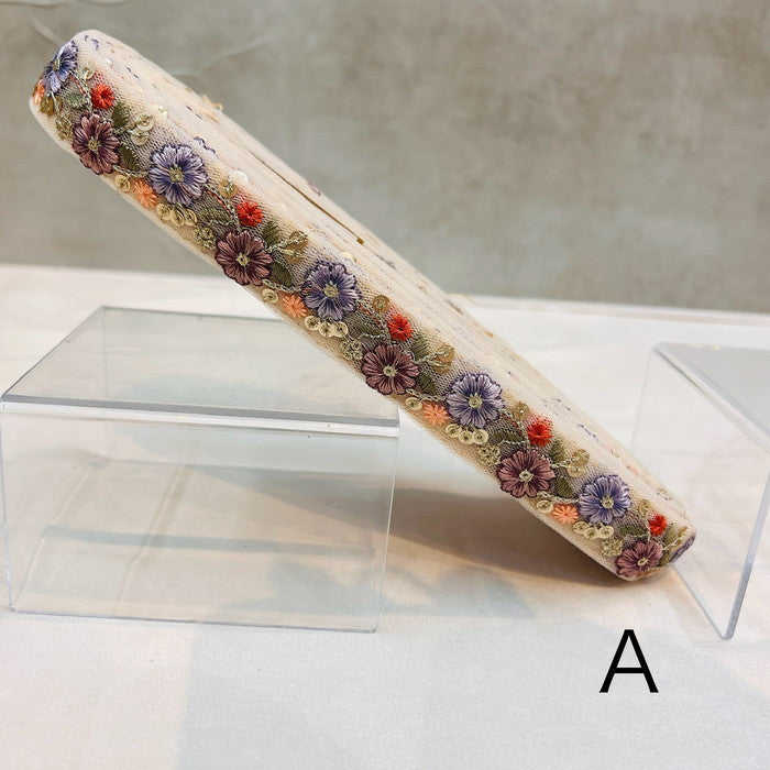 【50cm単位】 刺繍リボン 細幅で カラフル 金のチェーンに咲く お花の宝石 チュール 幅約2.4cm 240201001