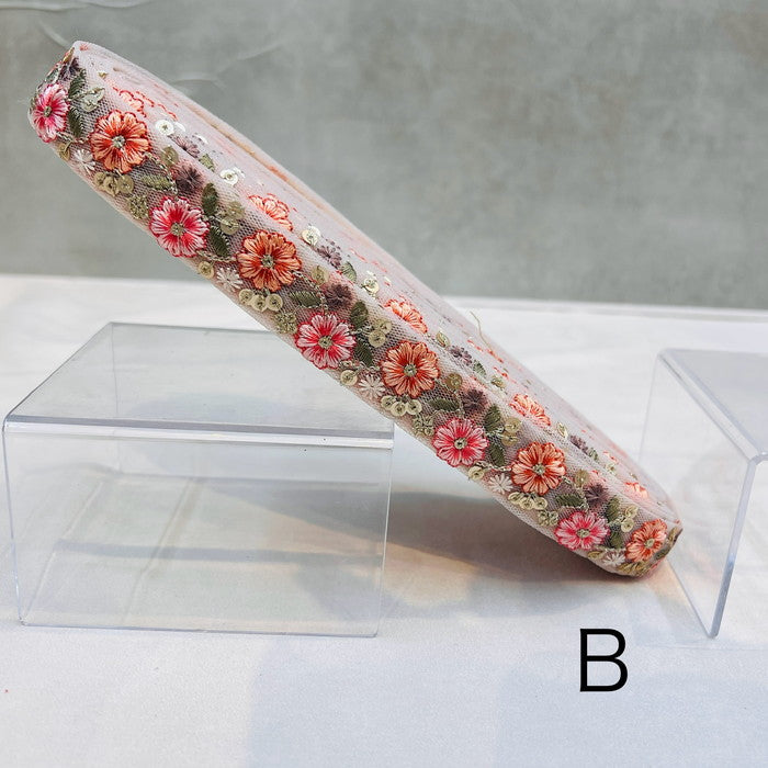 【50cm単位】 刺繍リボン 細幅で カラフル 金のチェーンに咲く お花の宝石 チュール 幅約2.4cm 240201001