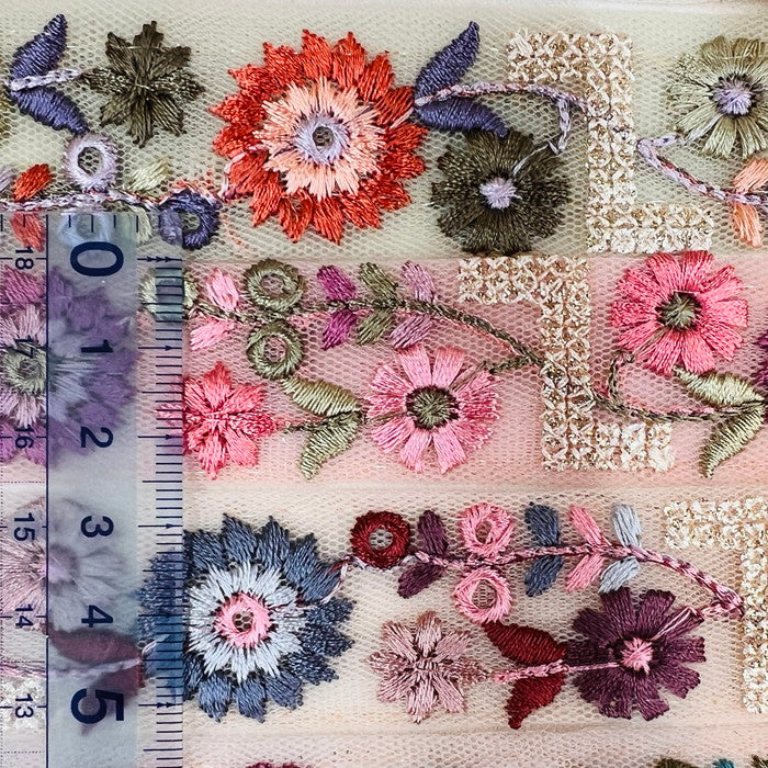 【50cm単位】 刺繍リボン 大空に 憧れて 太陽のように キラキラ輝く花々 チュール 幅約2.6cm 240201002