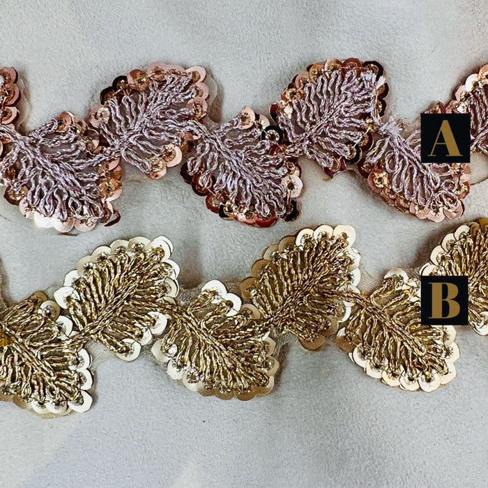 【50cm単位】 刺繍リボン まるでジュエリー キラキラ 煌めく 王国の葉っぱ オーガンジー 幅約3.4cm 240216014